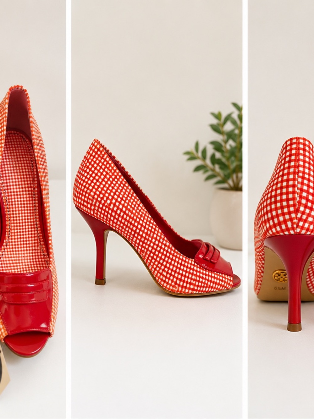 Tory Burch Red Gingham Peep Toe Heels Pumps Size 6.5